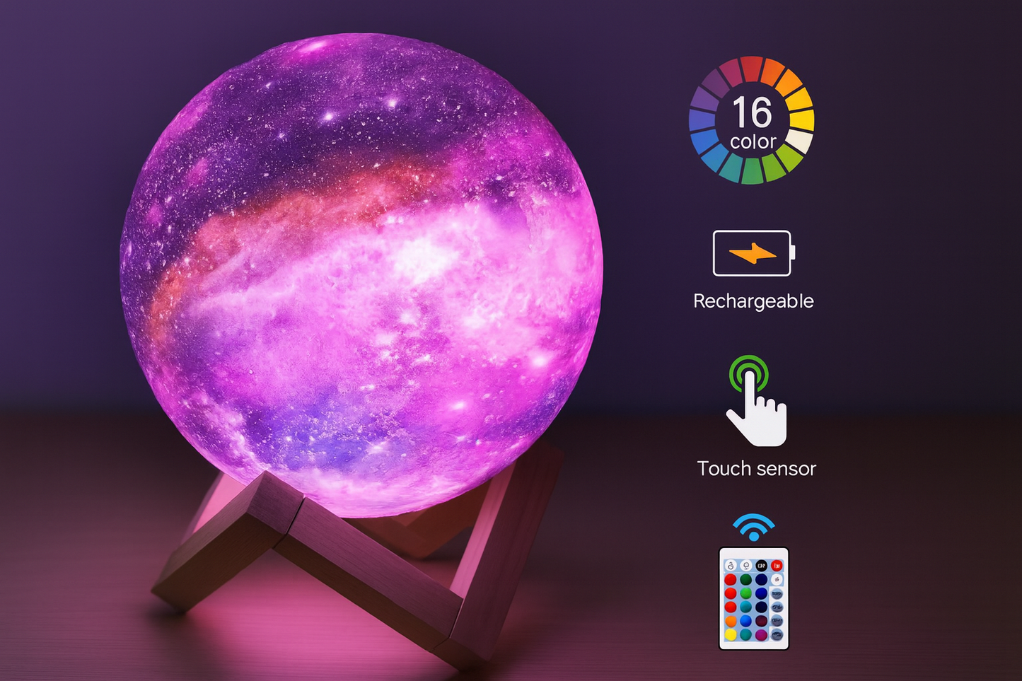 Noir Glow™ Galaxy Moon Lamp – 16 Colors LED | Touch & Remote Control